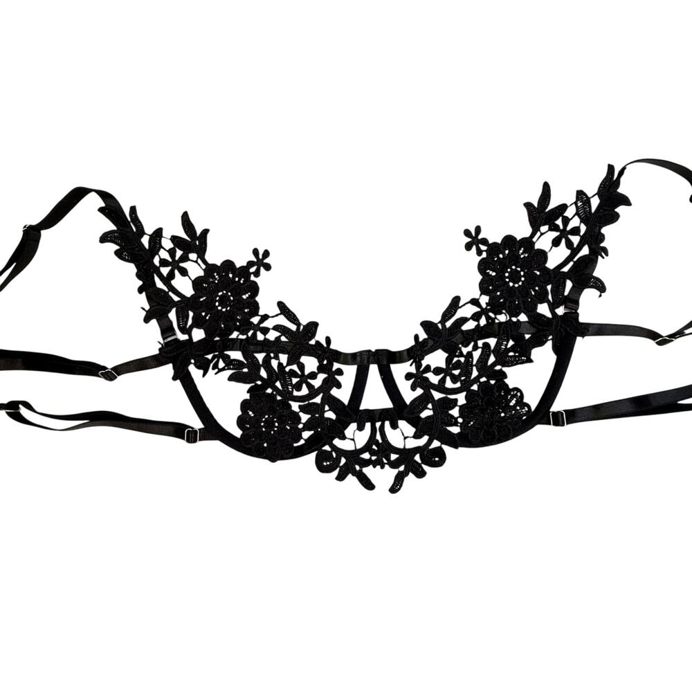 Black Floral Lace Cage Bra Harness Bralette Applique Strappy Lingerie